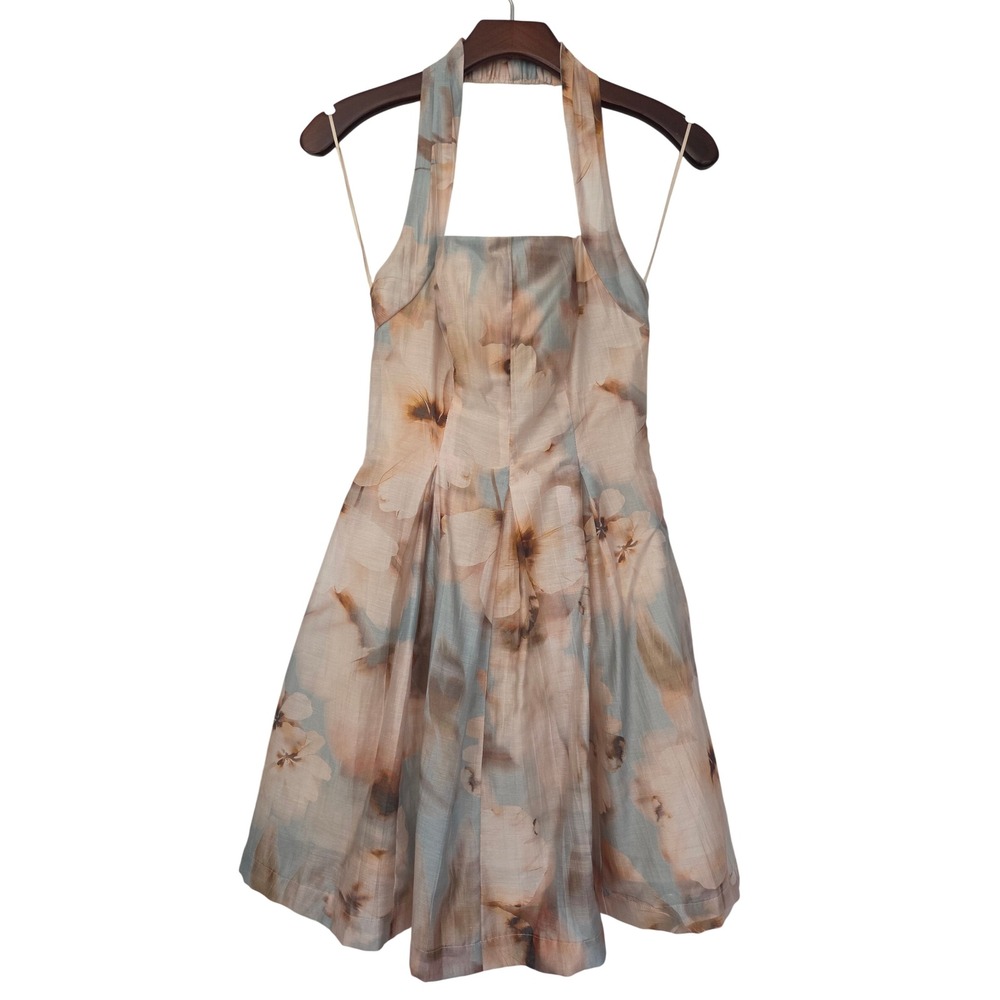 ocialite Halter Floral Fit Flare Dress Womens XS Peach Blue NWT 4118 WDR127363-N